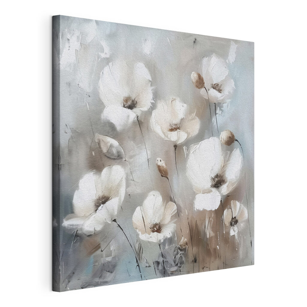 Fiori bianchi in grigio, tela tesa e bordo avvolto