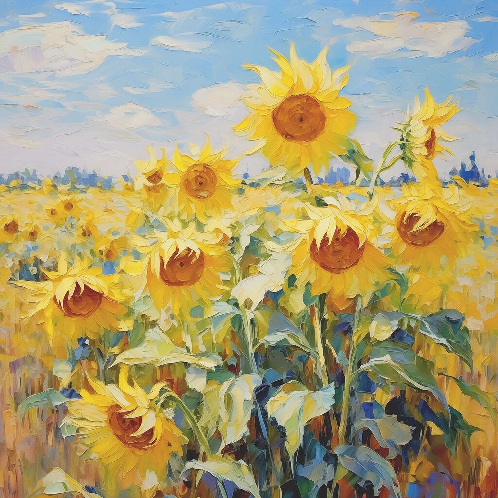 Girasoli sotto cielo blu — design completo