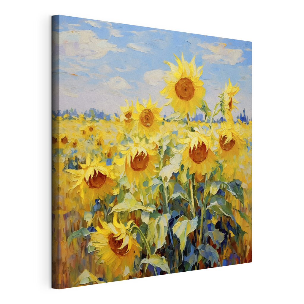 Girasoli sotto cielo blu, tela tesa e bordo avvolto