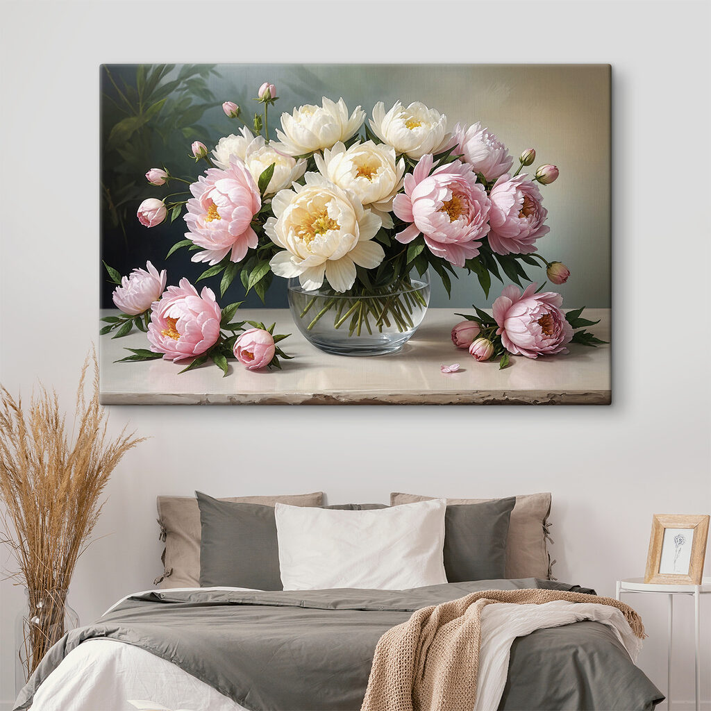 Peonie in vetro tondo in un ambiente