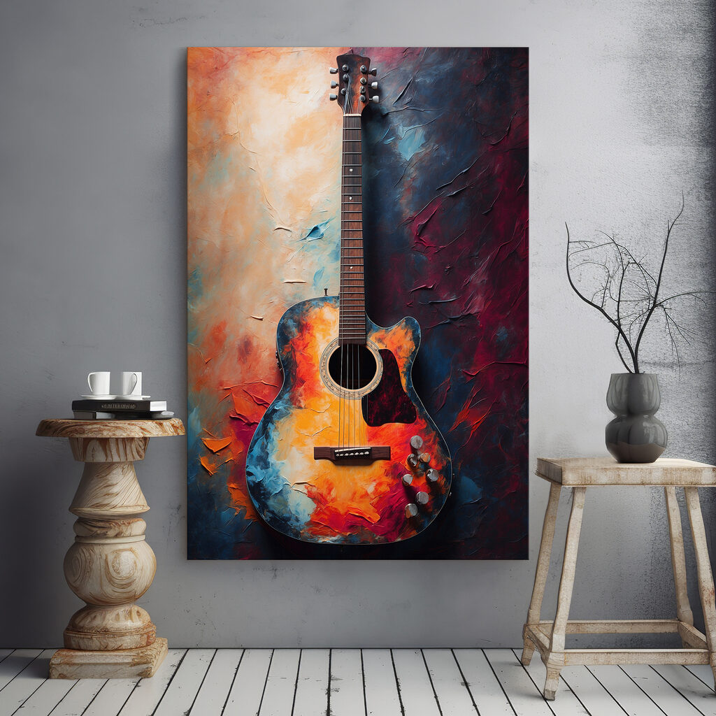 Chitarra tra colori caldi in un ambiente