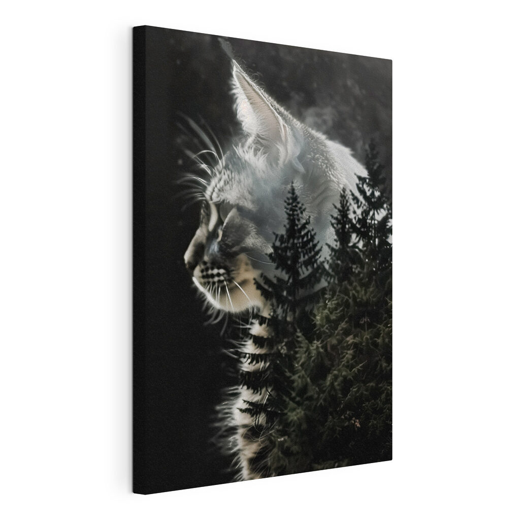 Gatto nel bosco, tela tesa e bordo avvolto