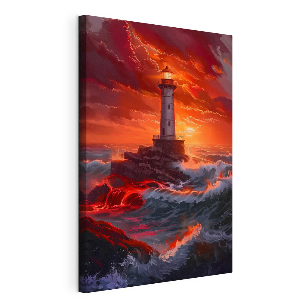 Faro sotto cielo infuocato, tela tesa e bordo avvolto