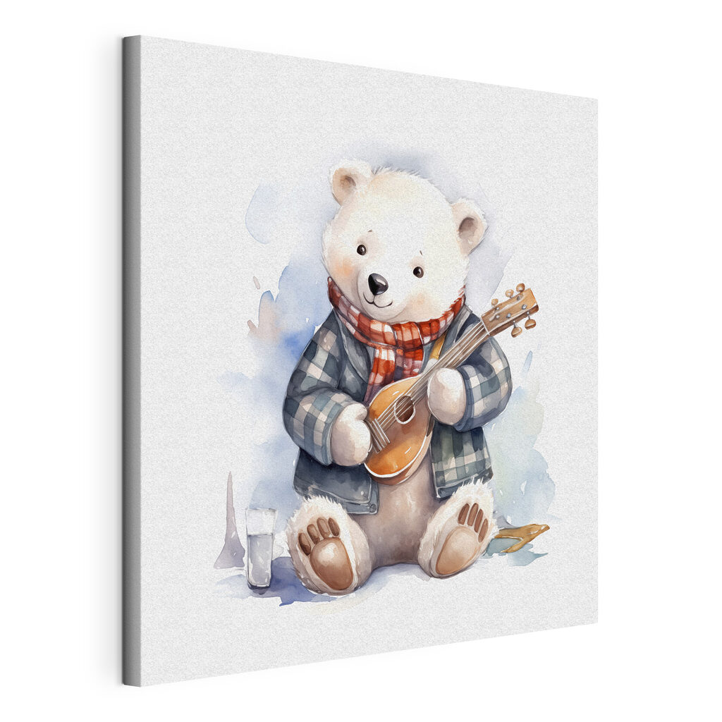 Orsetto con l’ukulele, tela tesa e bordo avvolto