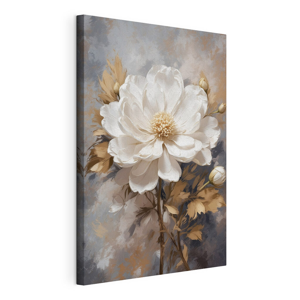Fiori bianchi, foglie ocra, tela tesa e bordo avvolto