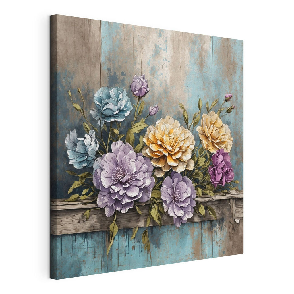 Fiori su bordo azzurro, tela tesa e bordo avvolto