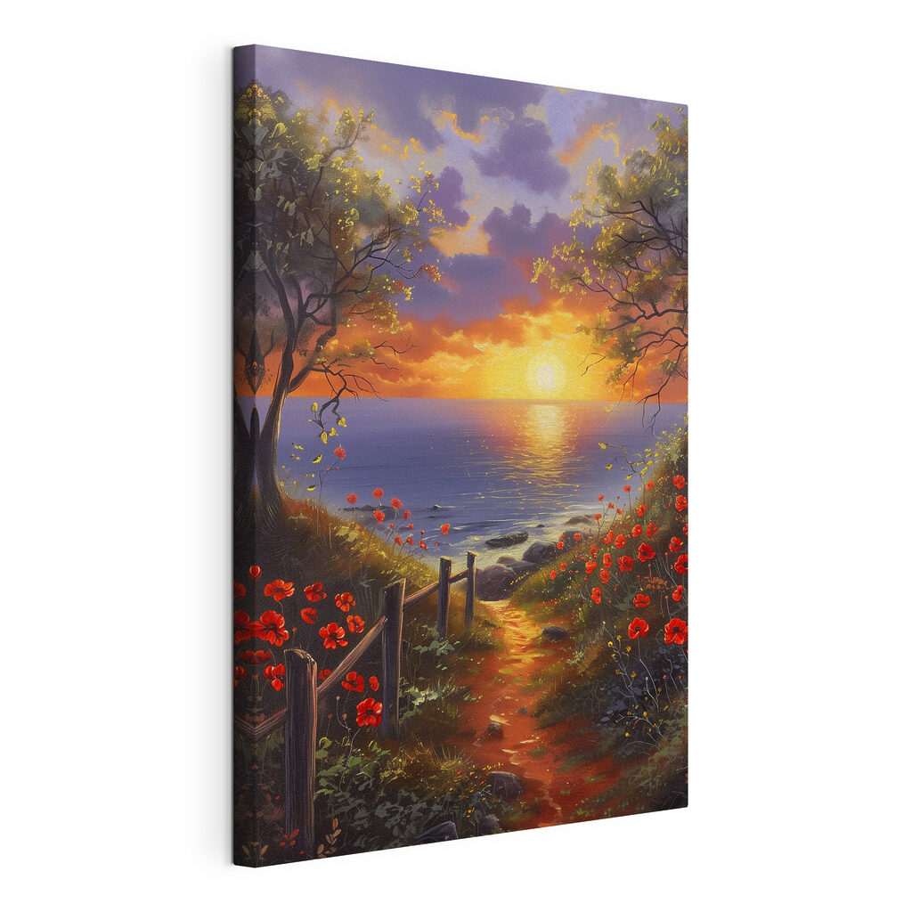 Sentiero al tramonto, tela tesa e bordo avvolto