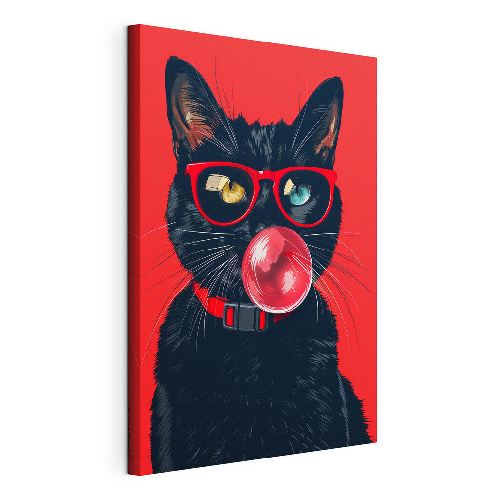 Gatto con occhiali rossi, tela tesa e bordo avvolto