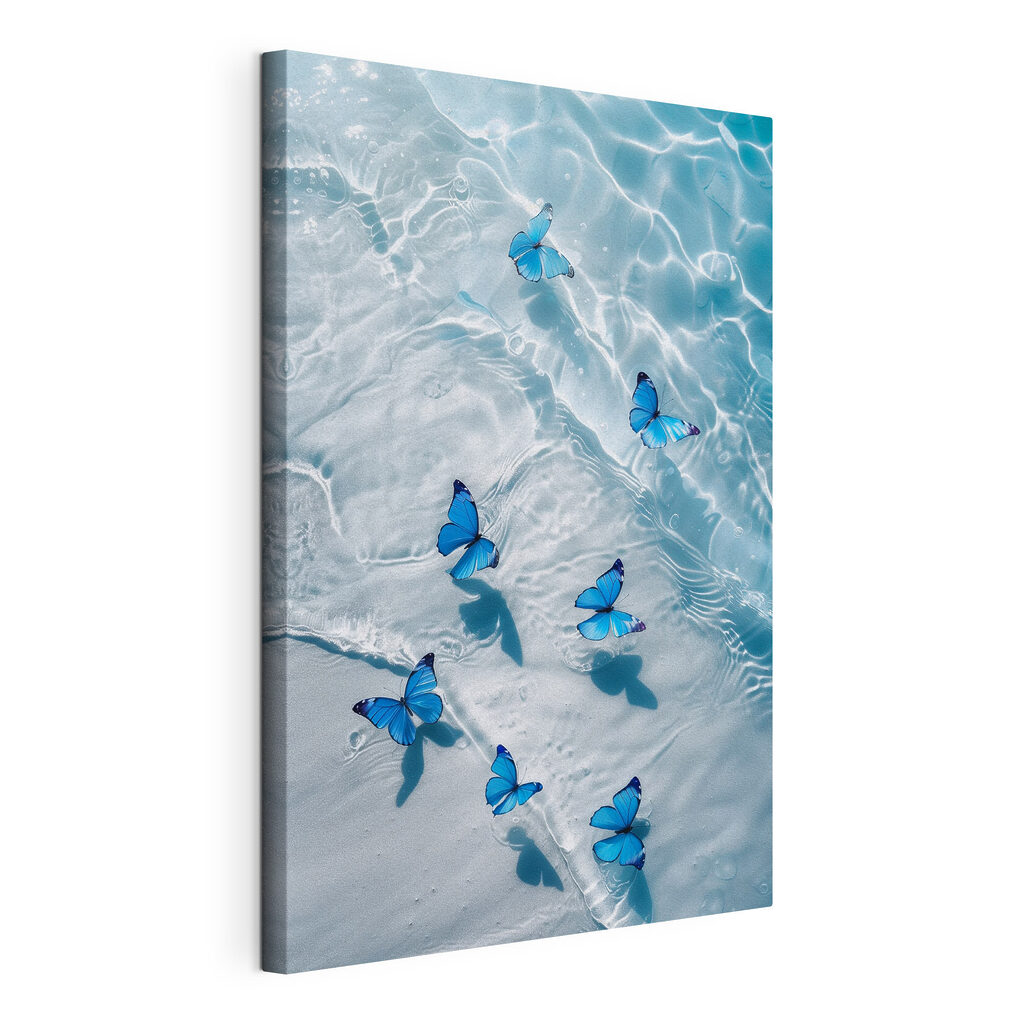 Farfalle blu sull’acqua, tela tesa e bordo avvolto