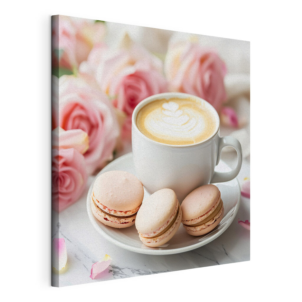 Cappuccino e macarons, tela tesa e bordo avvolto
