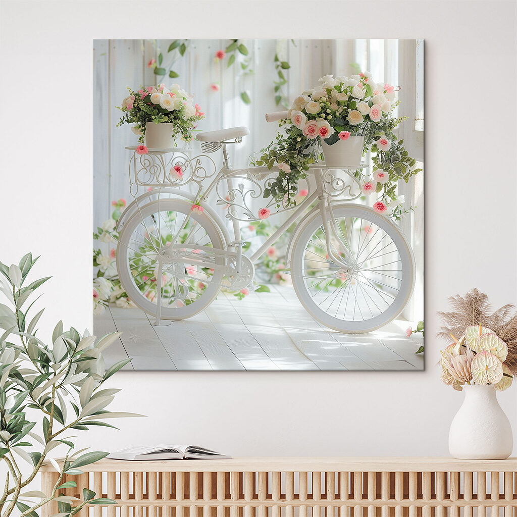 Bici tra fiori rosa in un ambiente