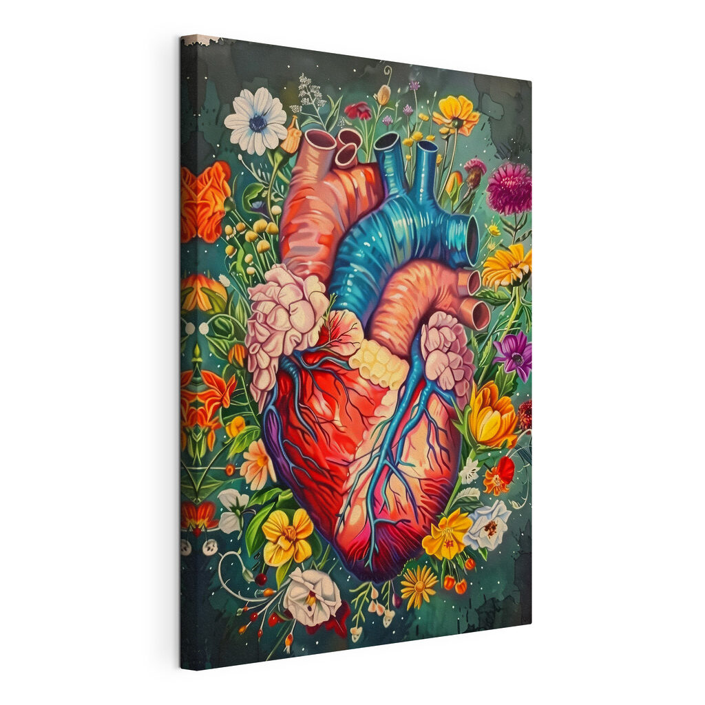 Cuore tra i fiori, tela tesa e bordo avvolto