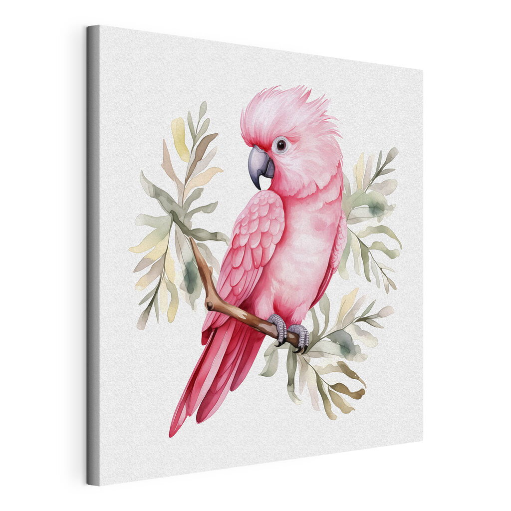 Cacatua rosa, verde grigio, tela tesa e bordo avvolto