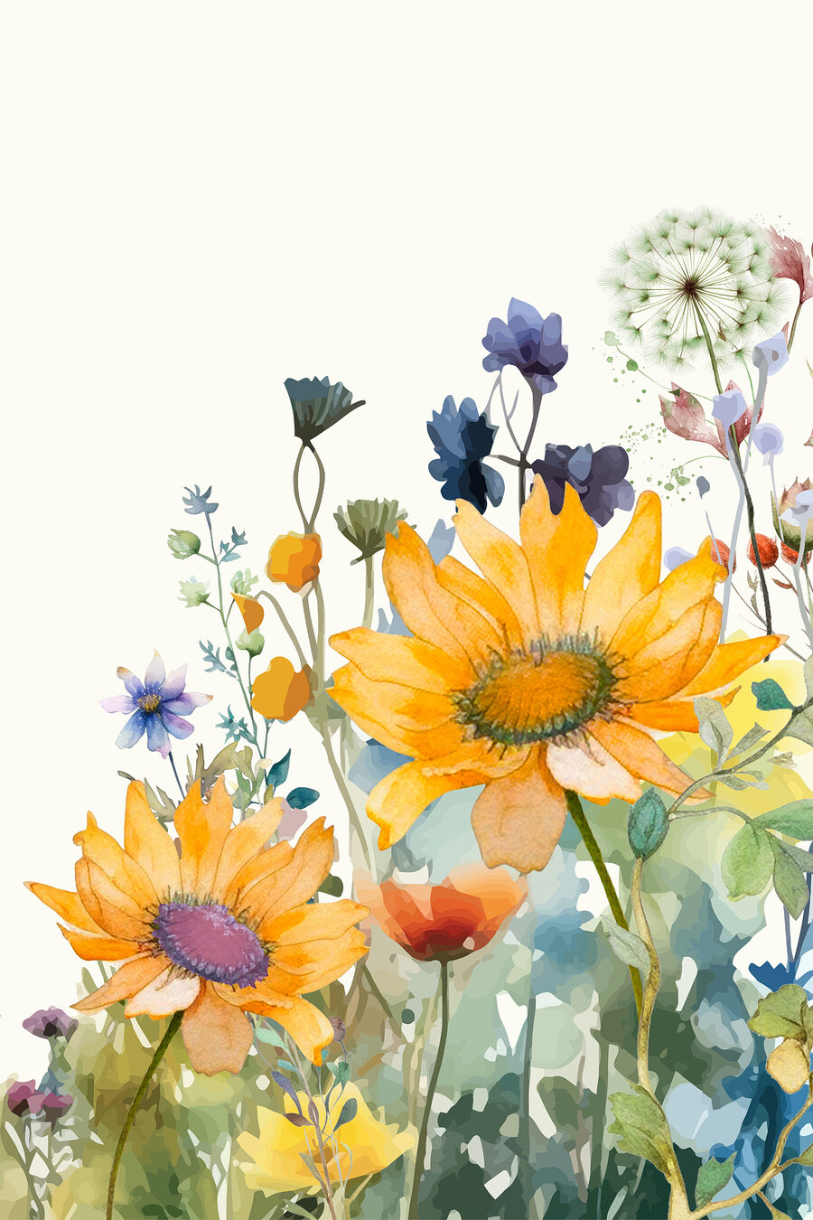 Girasoli tra fiori blu — design completo
