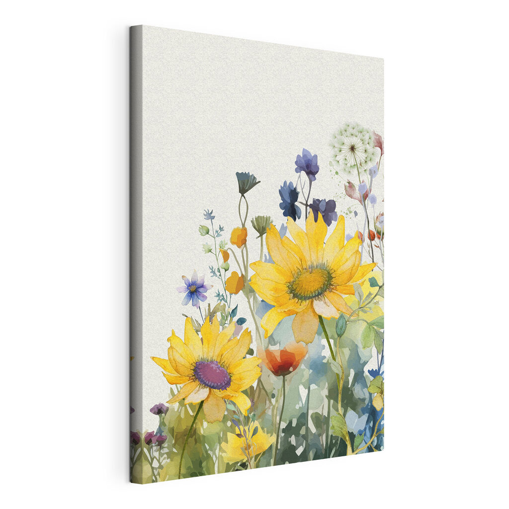 Girasoli tra fiori blu, tela tesa e bordo avvolto