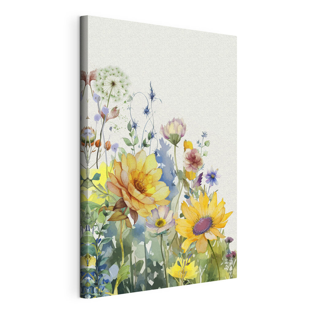 Fiori gialli e soffioni, tela tesa e bordo avvolto