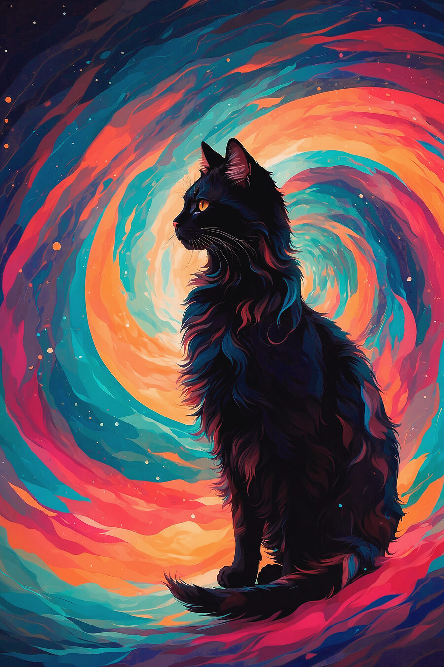 Gatto nero, colori vorticosi — design completo