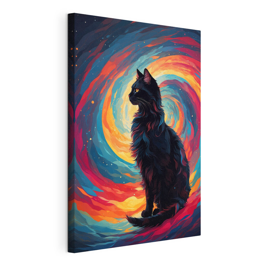 Gatto nero, colori vorticosi, tela tesa e bordo avvolto