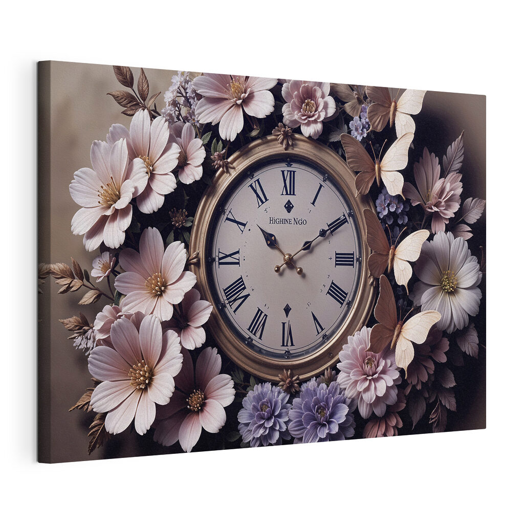 Fiori intorno all’orologio, tela tesa e bordo avvolto