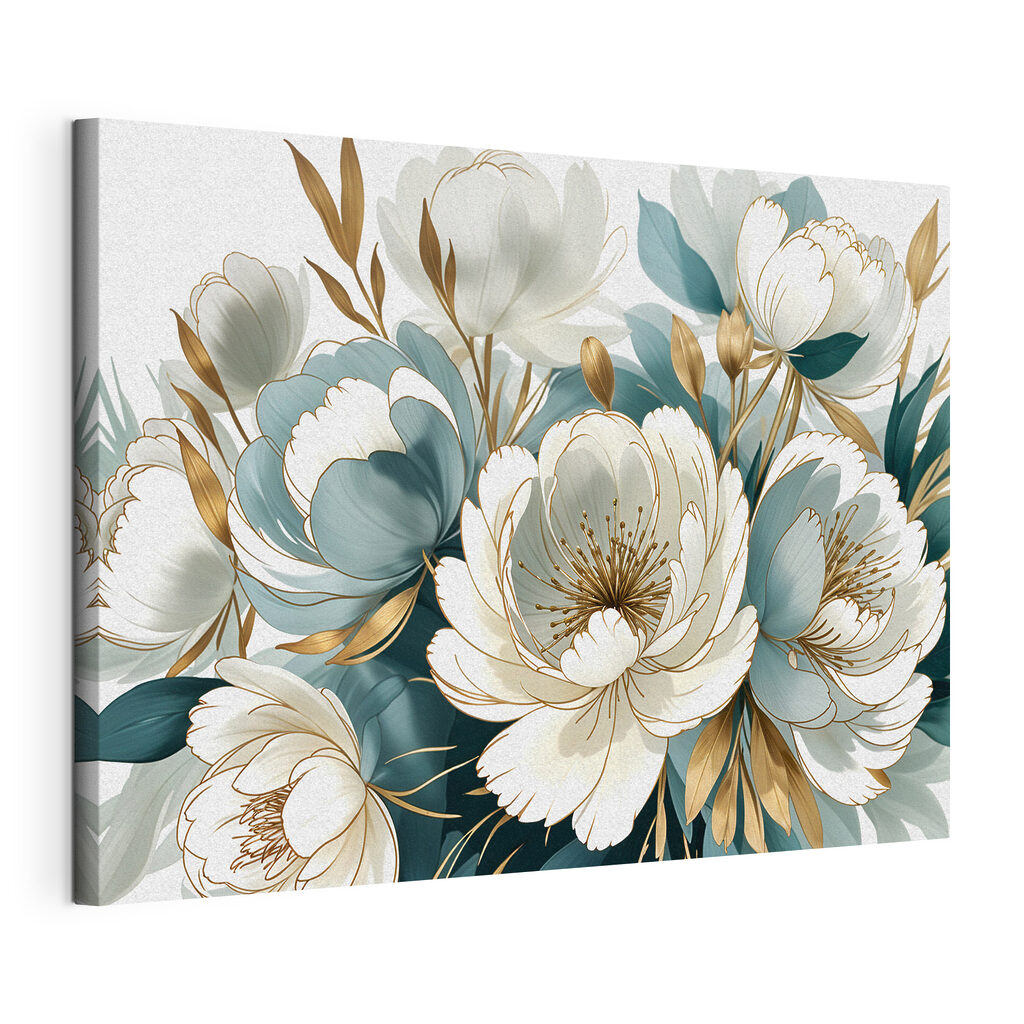 Fiori bianchi, ombre blu, tela tesa e bordo avvolto