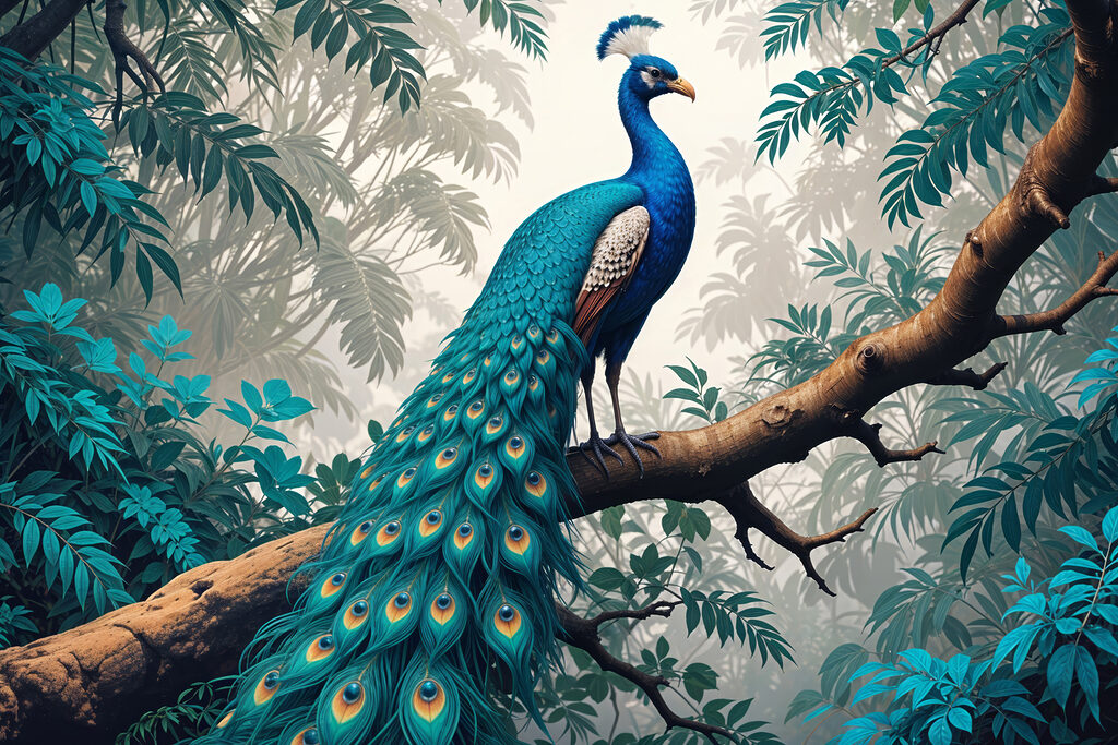 Pavone su ramo tropicale — design completo
