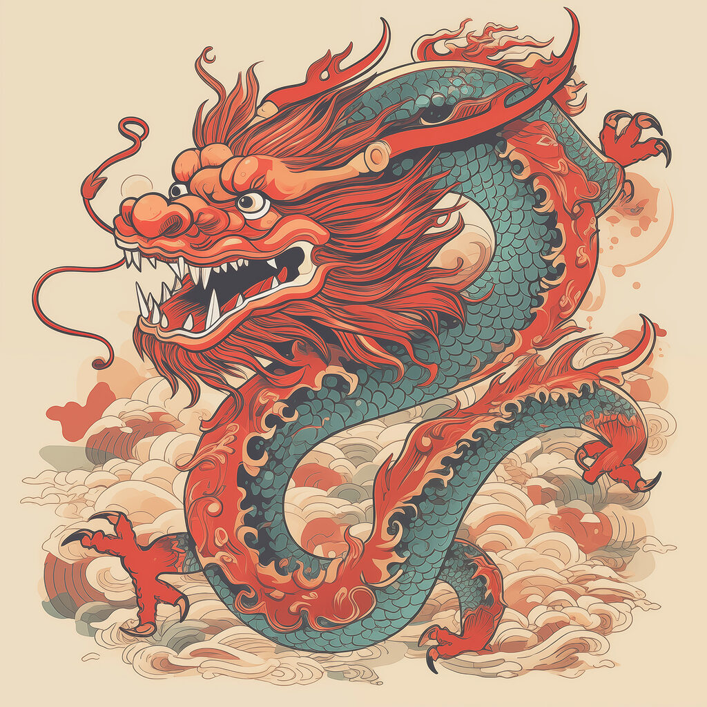 Drago tra nuvole arricciate — design completo