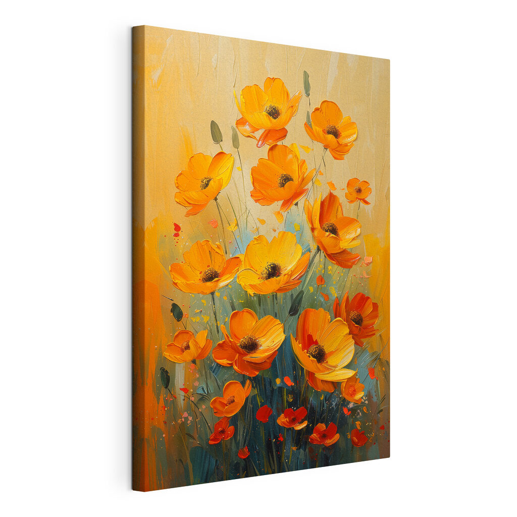 Fiori arancio su giallo, tela tesa e bordo avvolto
