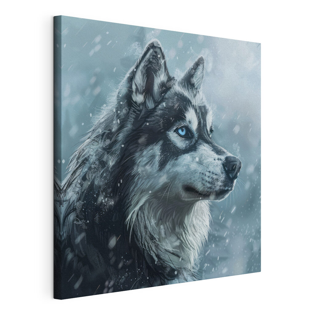 Husky nella neve, tela tesa e bordo avvolto