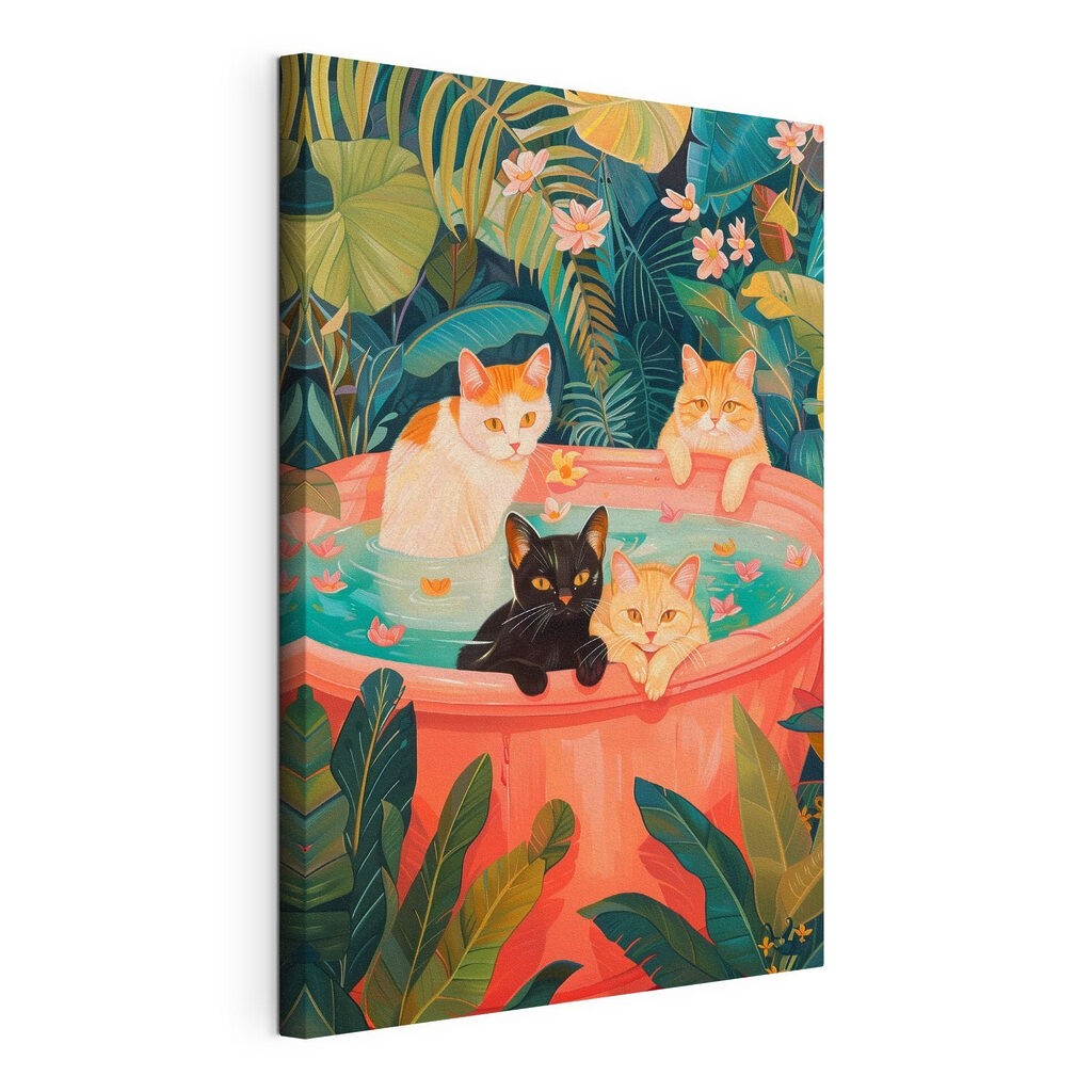 Gatti nella vasca tropicale, tela tesa e bordo avvolto
