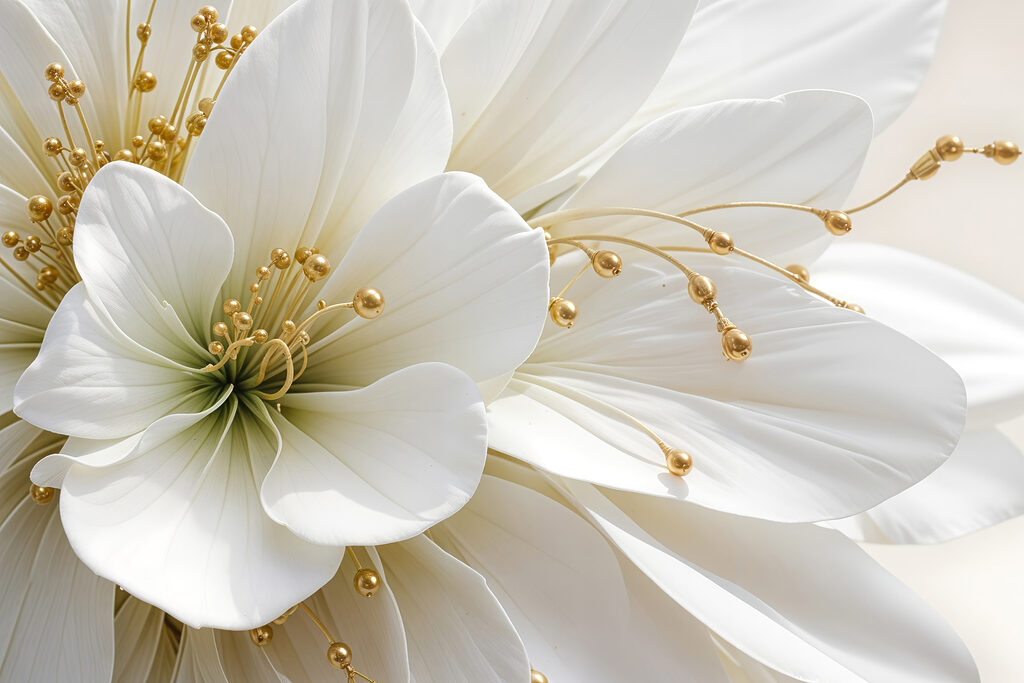 Fiore bianco, boccioli dorati — design completo