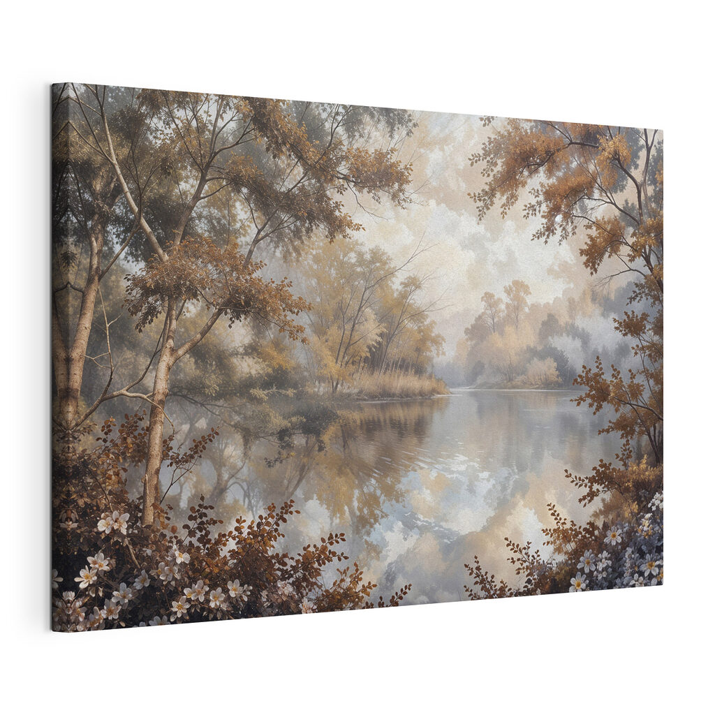 Alberi sullo specchio d’acqua, tela tesa e bordo avvolto