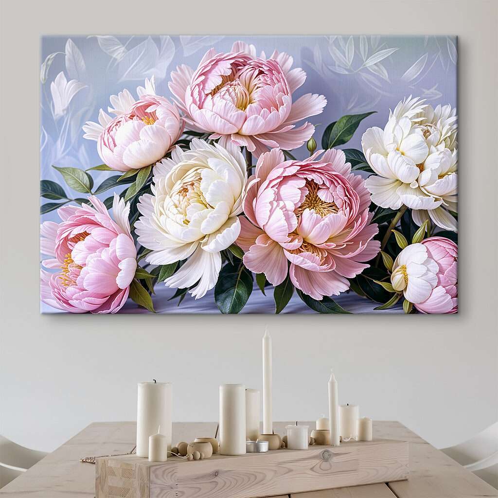 Peonie su foglie lilla in un ambiente