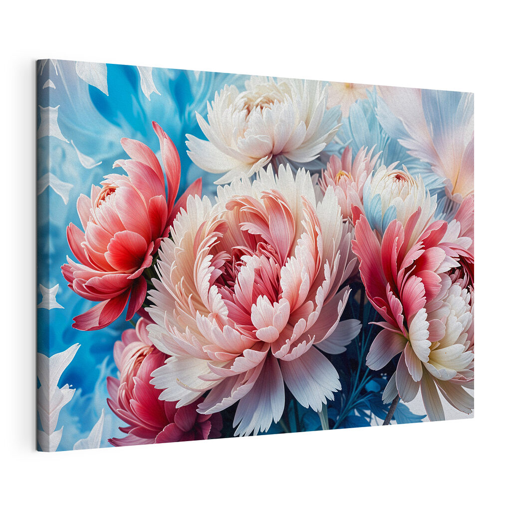Peonie rosa su blu, tela tesa e bordo avvolto