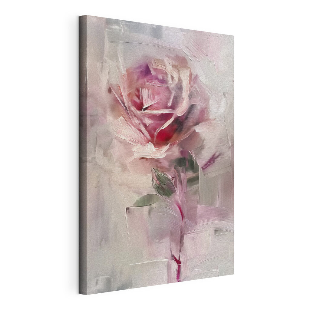 Rosa tra pennellate, tela tesa e bordo avvolto