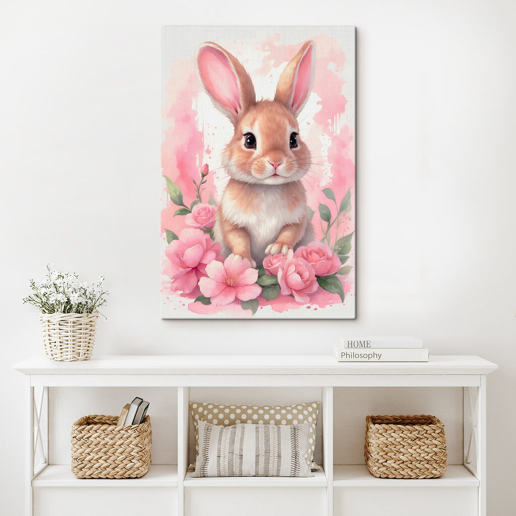 Coniglietto tra fiori rosa — ambiente 1