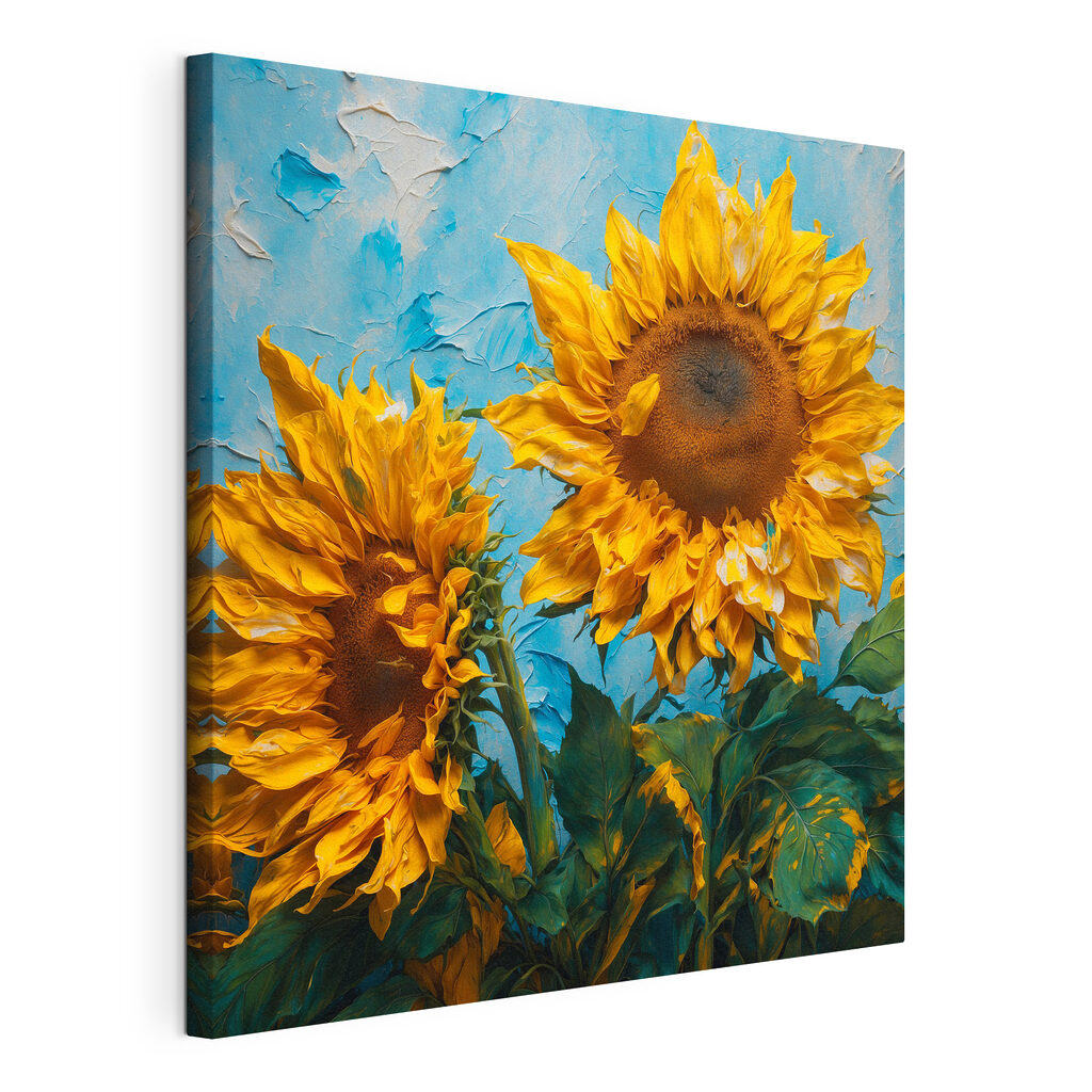 Due girasoli su azzurro, tela tesa e bordo avvolto