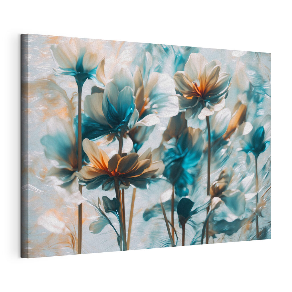 Fiori blu su steli, tela tesa e bordo avvolto