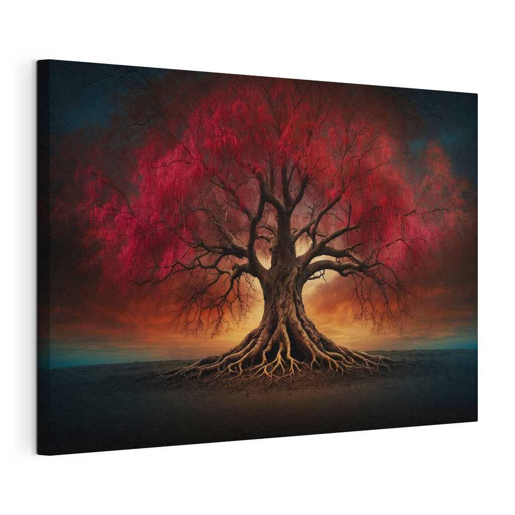 Albero rosso dalle radici, tela tesa e bordo avvolto
