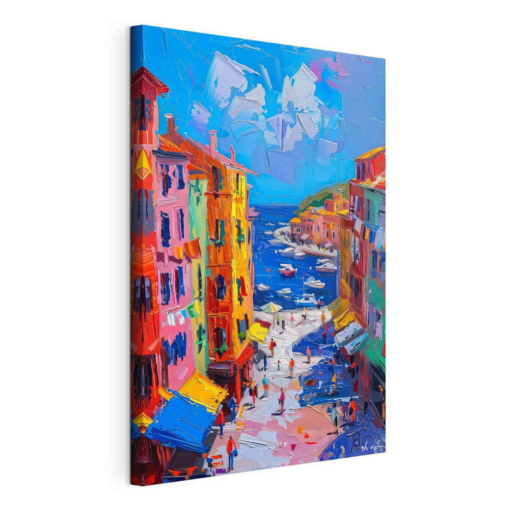 Strada del porto colorata, tela tesa e bordo avvolto