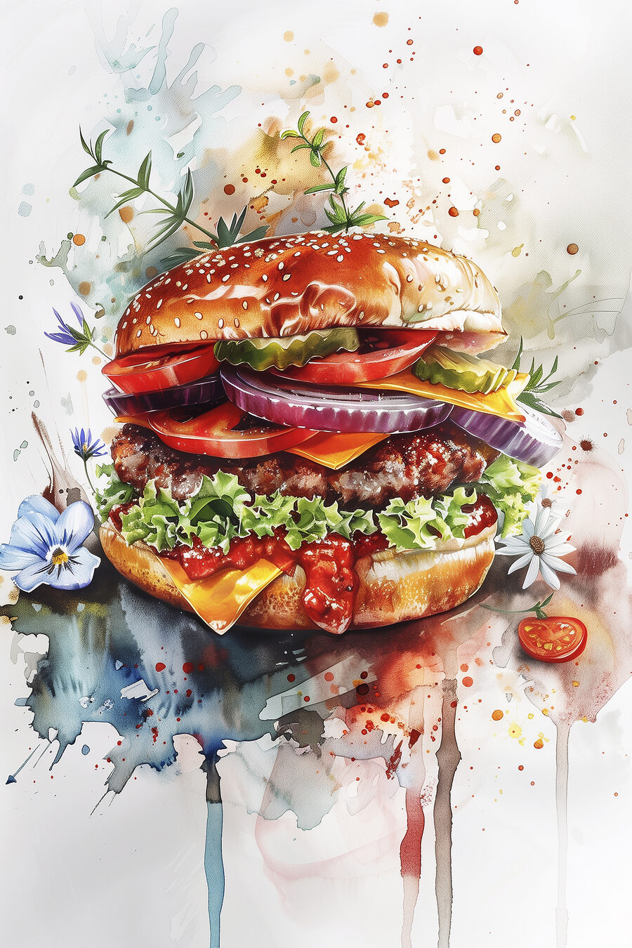 Hamburger tra schizzi d’acquerello — design completo