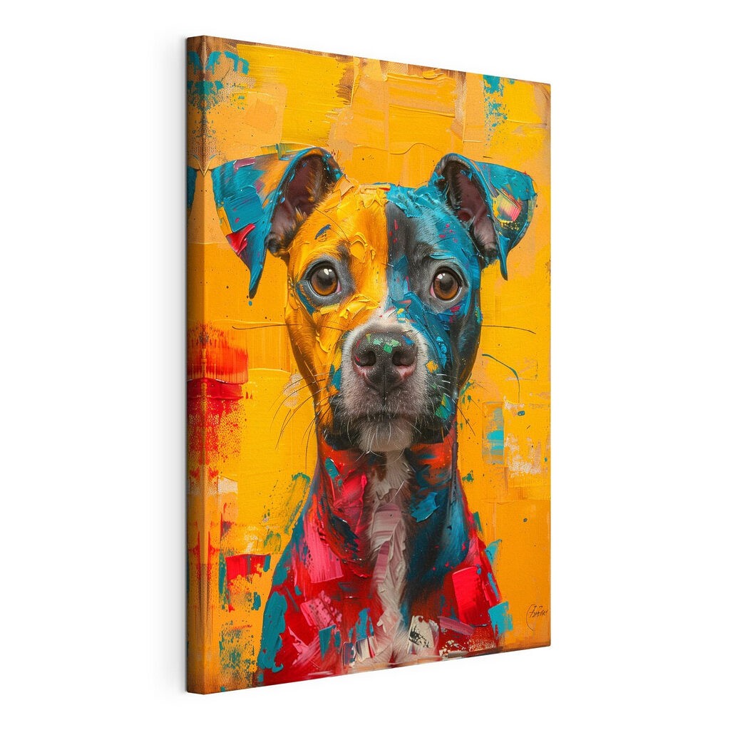 Cane tra colori solari, tela tesa e bordo avvolto