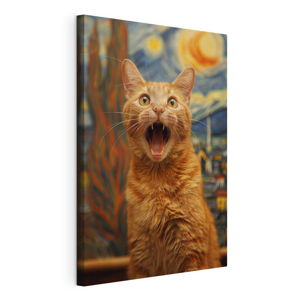Gatto e cielo stellato, tela tesa e bordo avvolto