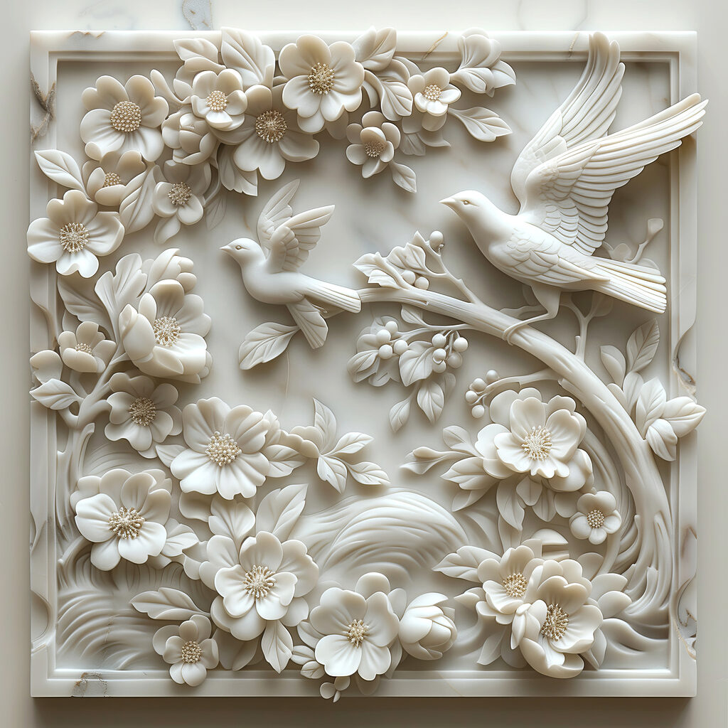Uccelli bianchi tra fiori — design completo