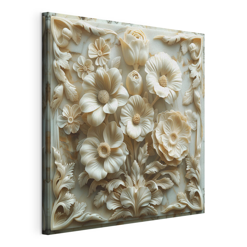 Fiori bianchi in cornice, tela tesa e bordo avvolto