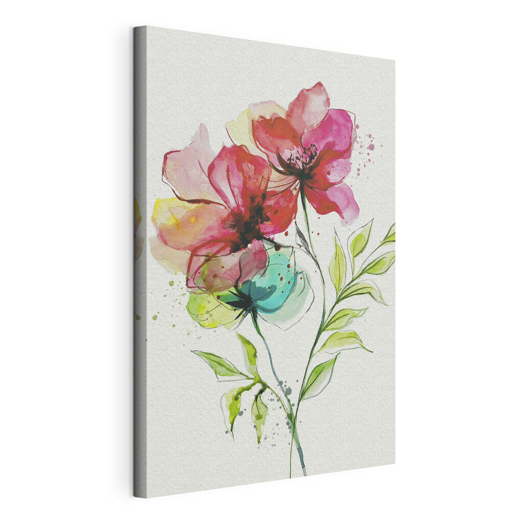 Due fiori ad acquerello, tela tesa e bordo avvolto