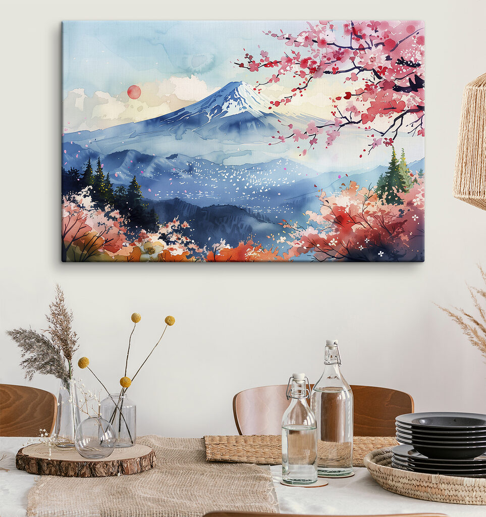 Montagna tra rami rosa in un ambiente