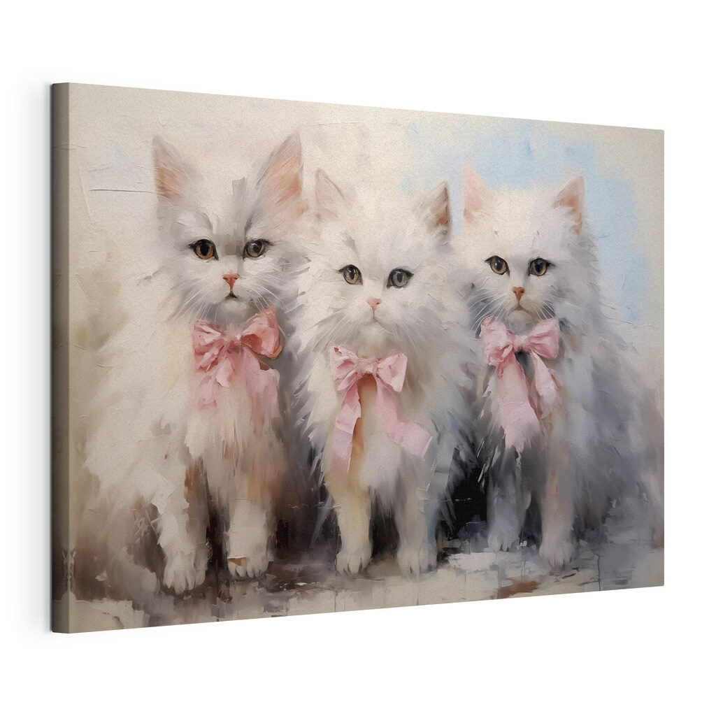 Gattini con fiocchi rosa, tela tesa e bordo avvolto