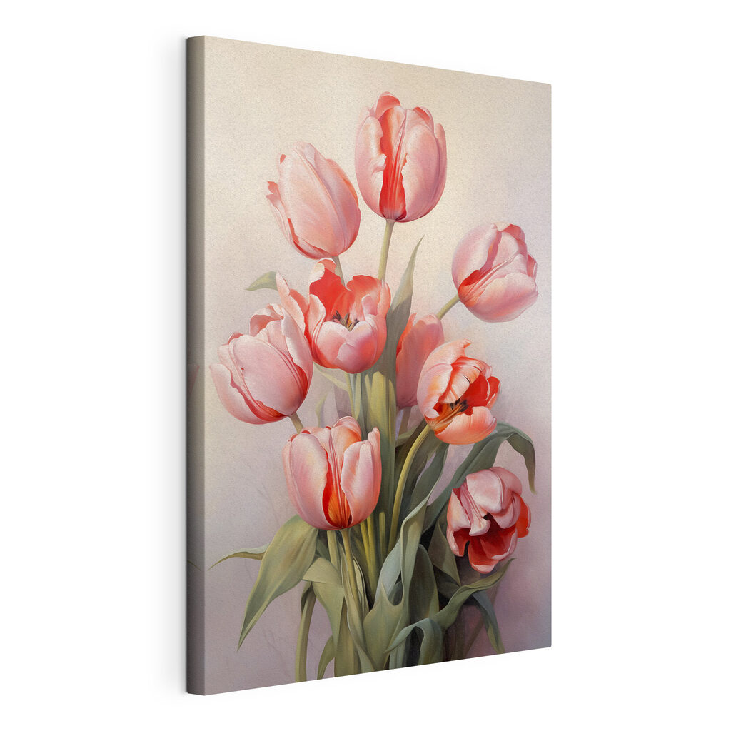 Tulipani rosa che sbocciano, tela tesa e bordo avvolto