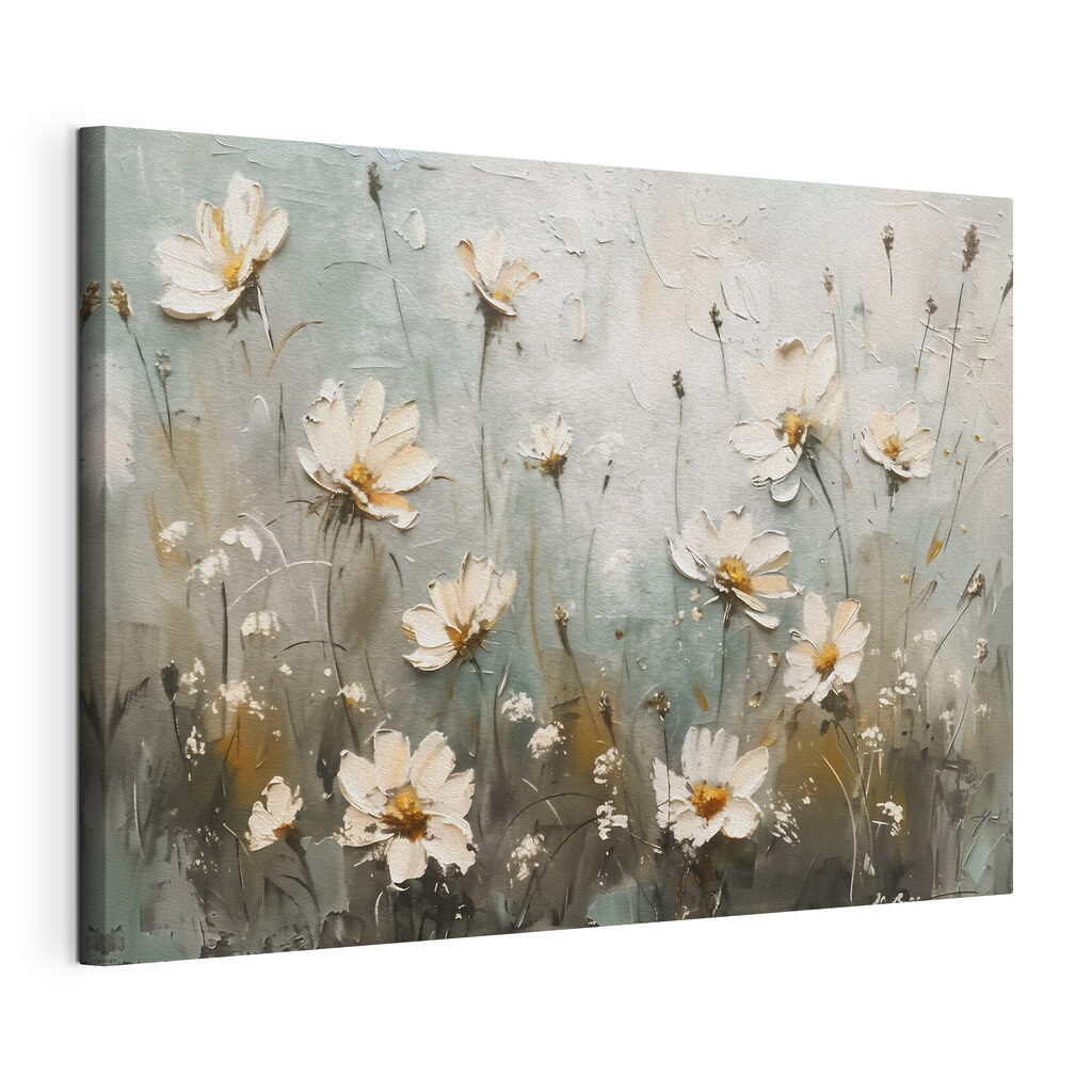 Fiori in campiture chiare, tela tesa e bordo avvolto
