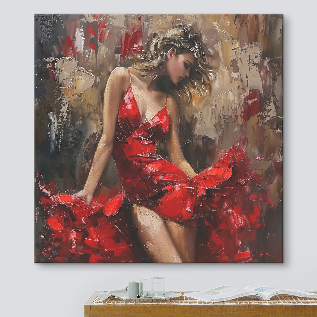 Donna in abito rosso in un ambiente